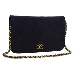 CHANEL Matelasse Chain Shoulder Bag Cotton Navy Gold CC Auth 133041